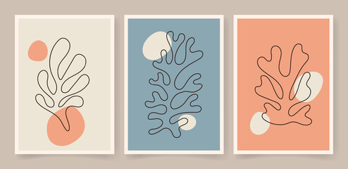 Abstract coral posters. Contemporary organic shapes minimalist in Matisse style, graphic vector illustration