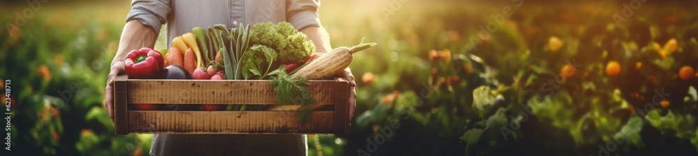 Wall mural farmer holding a box of fresh organic vegetables with copy space. generative ai