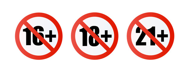 Age limit sign set. Adults content only age restriction.Censure warning age plus. Vector . - obrazy, fototapety, plakaty