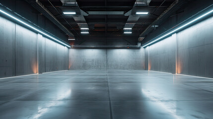 Contemporary Industrial Space: Empty Hall with Striking LED Lights, Grey Walls, and Polished Concrete Floor