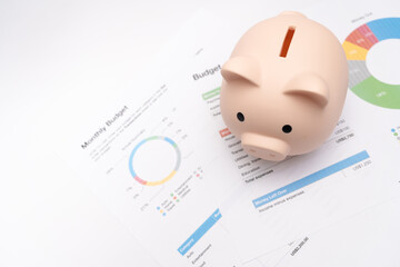 Piggy bank with business graph on white background and copy space, financial goal concept. Business concept.
