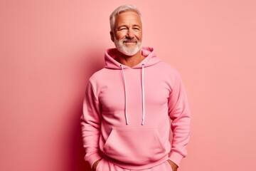 Lifestyle portrait photography of a glad mature man wearing a comfortable tracksuit against a peachy pink background. With generative AI technology