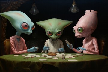 Surreal green aliens playing poker.