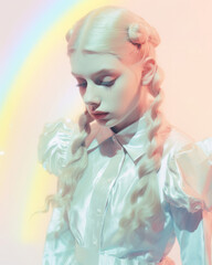 Beautiful blonde woman girl, bizarre surreal mystical portrait. Glass glowing iridescent plastic rainbow, transparent white silver, diamonds and lights. Futuristic and robot like.