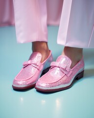 Pink glitter shoes on shiny plastic background. Futuristic fashion.
