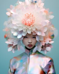 Naklejka premium Beautiful blonde woman girl, bizarre surreal mystical portrait. Glass glowing neon iridescent flower hat, transparent white silver, diamonds and lights. Futuristic and robot like.