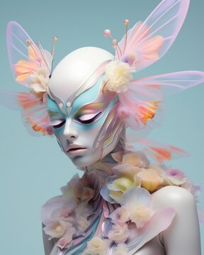 Beautiful blonde woman girl, bizarre surreal mystical portrait. Glass glowing iridescent bugs butterflies and insects, transparent white silver, diamonds and lights. Futuristic and robot like.