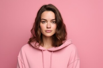 Fototapeta premium Medium shot portrait photography of a beautiful girl in her 30s wearing a comfortable hoodie against a hot pink background. With generative AI technology