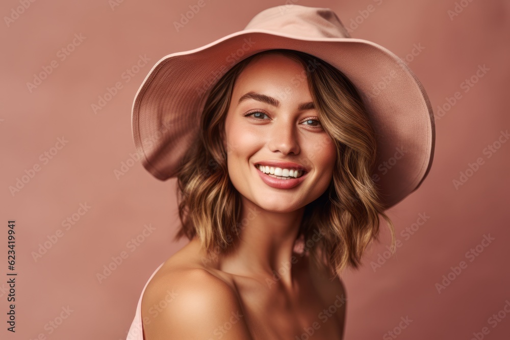 Wall mural Close-up portrait photography of a happy girl in her 30s wearing a stylish sun hat against a dusty rose background. With generative AI technology