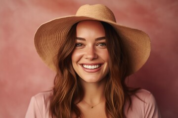 Close-up portrait photography of a happy girl in her 30s wearing a stylish sun hat against a dusty rose background. With generative AI technology