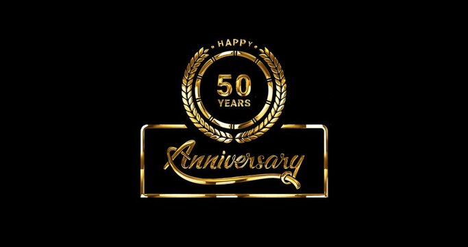 Happy 50 years anniversary text animation. Handwritten text modern calligraphy in gold color on the transparent background alpha channel. Great for greetings, celebrations, festivals, and events.