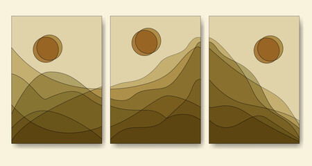 Abstract minimalist boho mountain landscape poster illustration set