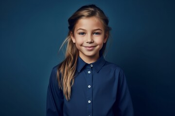 Close-up portrait photography of a glad kid female wearing an elegant long-sleeve shirt against a navy blue background. With generative AI technology