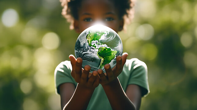 Hands of a African American child holding crystal glowing globe, planet Earth at a sunny green meadow background, copyspace, taking care Ecology, sustainable nature, conversation concept, AI Generated