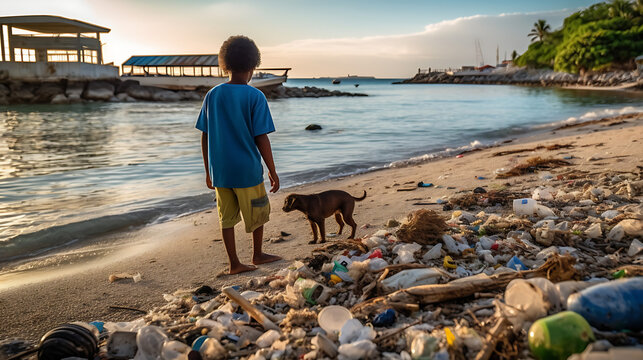 Backside child looking at a lot of plastic waste on the beach, sea, ocean pollution, rubbish, ecological catastrophe, AI Generated