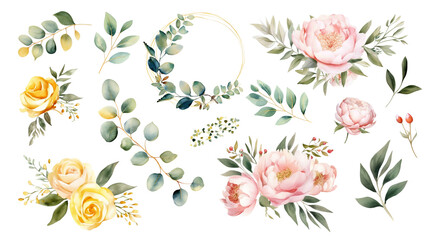 Fototapeta premium Watercolor Wedding Wreath Frame with Abundant Green Leaves, Enchanting Pink Peach Blush White Flowers, and Majestic Eucalyptus, Olive, Peony, and Yellow Rose Bouquet. Generative AI