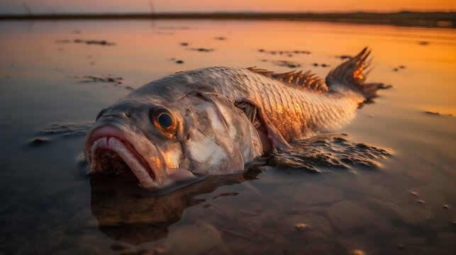 Bloated, dead, poisoned fish lies on the river bank, sunset pink background, trapped, stuck in rubbiекю Environmental pollution. The impact of toxic emissions in the aquatic environment, AI Generated