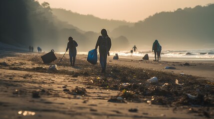 People, children cleaning up garbage on the beach for environmental clean up concept, water pollution, sea, ocean, AI Generated