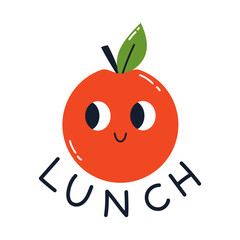 Obraz premium Vector sticker with cute smiling apple and text lunch. Kawaii design for children and kids. School lunch concept. Funny apple with face.