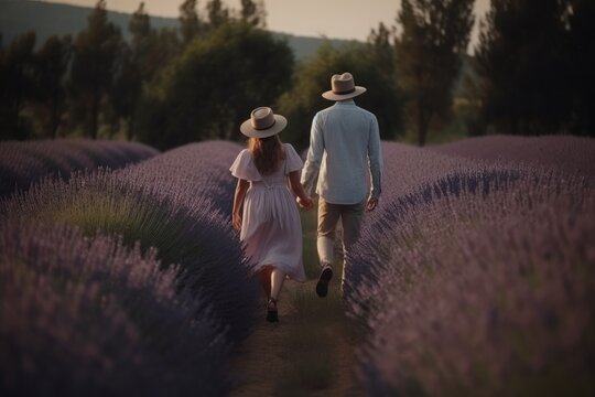 Back view of a couple walking in a lavender field, example of faceless people, couple on a summer trip, couple back view material, European travel, summer in South France, INS photo, lavender field