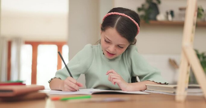 Thinking, counting and child with math homework at a home table for education and learning. Young girl, school kid or student count on hand for development, answer and knowledge while writing in book