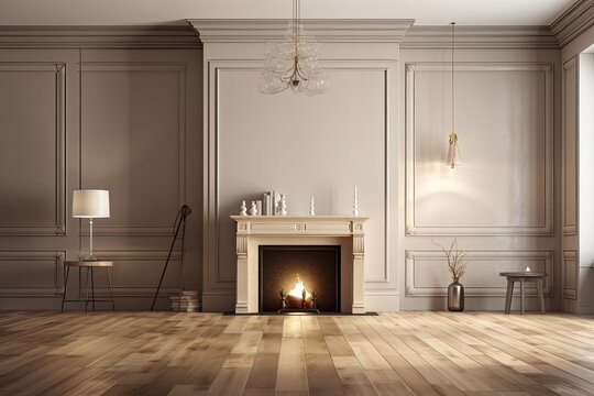 With a fireplace, wall panels, and a wooden floor, the room is contemporary classic beige. mock up of an illustration. Generative AI