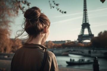 Fototapeta The back view of a woman looking at the scenery in front of the Eiffel Tower, an example of a faceless person, a girl on a summer trip, people's back material, European travel, INS photo, Eiffel Tower obraz