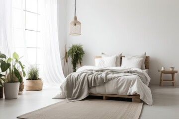 White wall, ottoman, soft gray carpet, double bed, lamp with plant in bedroom, furniture with accessories, window with curtains. Scandinavian design, contemporary minimalism, and real estate blog adve
