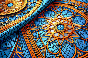 Obraz premium Beautiful art in blue and orange colors. Colorful pattern. Watercolor patchwork digital pattern on textures. Fabric print illustration. Horizontal.