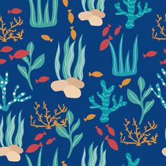 Handdrawn seamless pattern on a blue background with marine plants, seaweeds, corals and small fish.