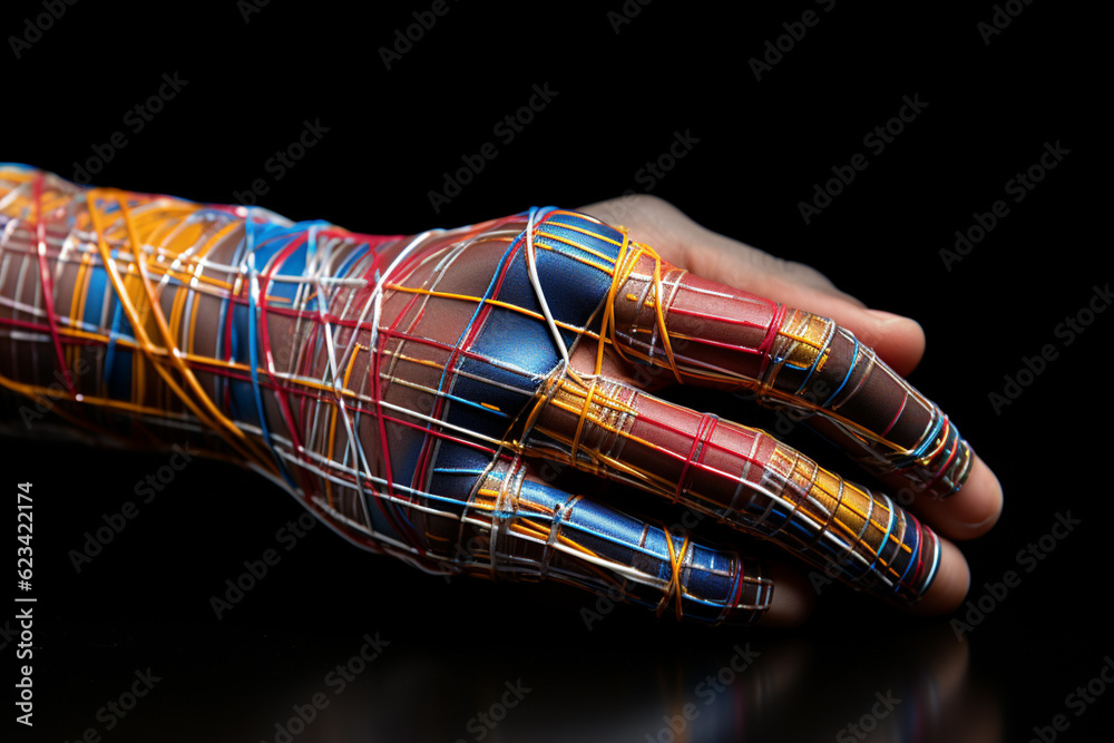 Aufkleber An overhead view of a hand with kinesiology tape wrapped around the thumb joint to provide stability and prevent injury  Generative AI technology.
