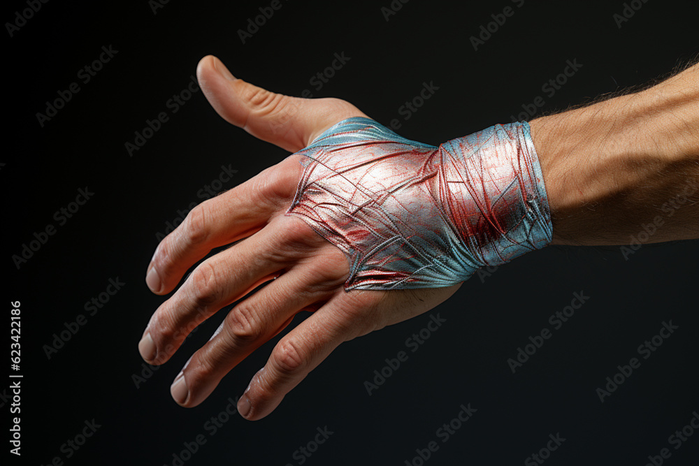 Aufkleber An overhead view of a hand with kinesiology tape wrapped around the thumb joint to provide stability and prevent injury  Generative AI technology.