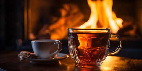 Cup of tea by the fireplace. fire background  Embracing Warmth: Tea Time by the Fireplace AI Generated