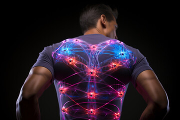 A series of step-by-step images showing the application of kinesiology tape on the lower back to relieve pain and improve posture.  Generative AI technology. - obrazy, fototapety, plakaty