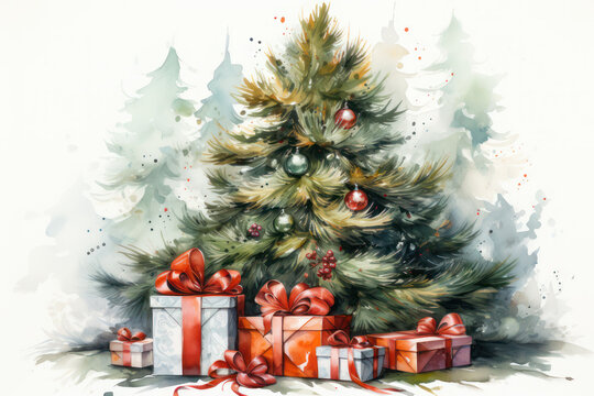 Gifts under the Christmas tree, watercolor style. New Year card. AI generative.