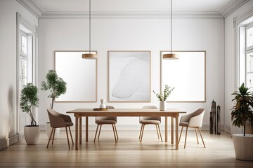 White walls, a hardwood floor, columns, and a long wooden table with three vertical mock up posters make up the inside of a contemporary dining room. Generative AI