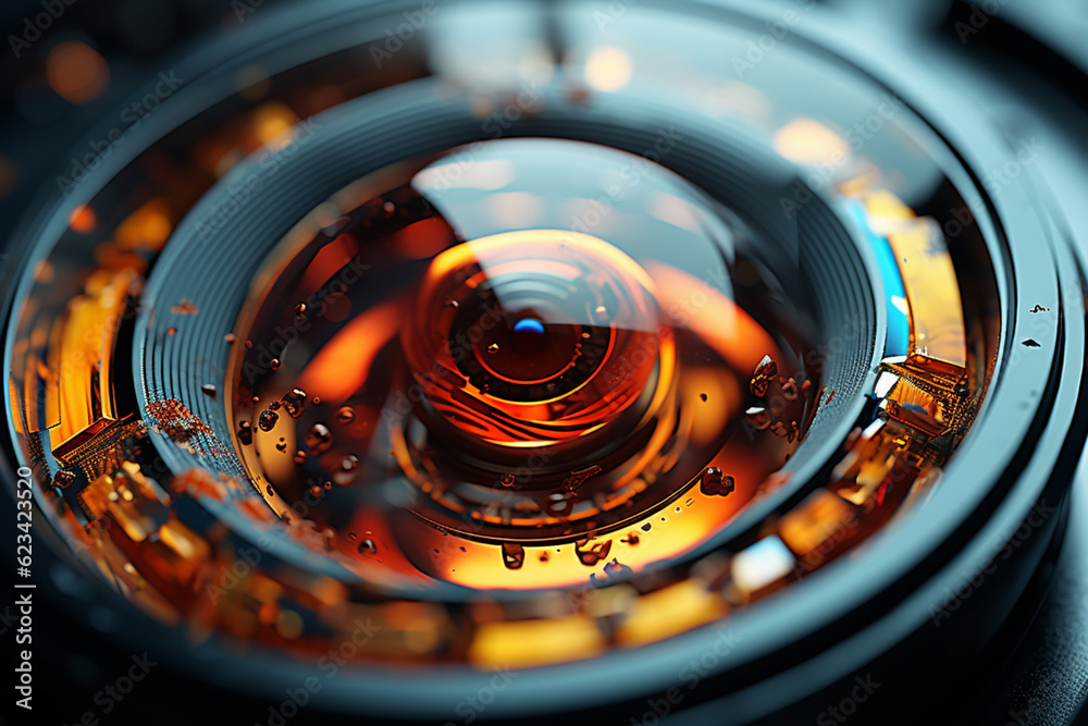 Poster a close-up photograph of a camera lens, showcasing its intricate glass elements and the focal length