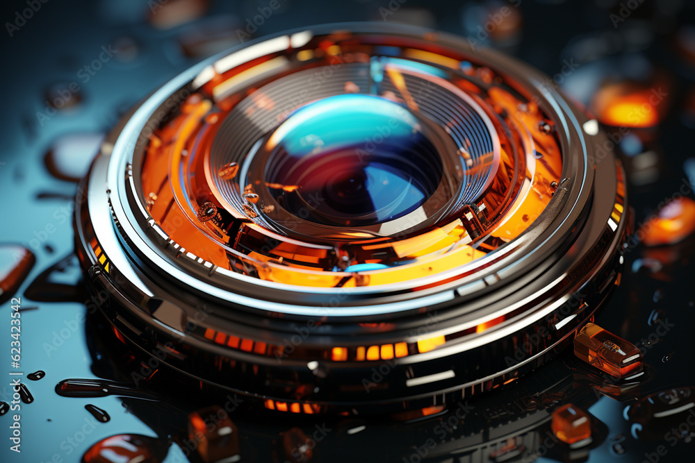 Aufkleber a close-up photograph of a camera lens, showcasing its intricate glass elements and the focal length