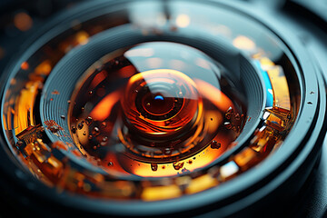 A close-up photograph of a camera lens, showcasing its intricate glass elements and the focal length markings.  Generative AI technology. - obrazy, fototapety, plakaty