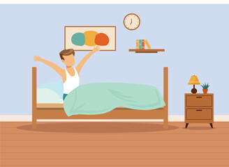 Wake up man and waking up at 7 am, Wake-Up Morning at 7 O'clock at Morning Time Wake up from Bed, Waking up from Sleep, Sleeping till 7am, Yawning person. Wake-up early morning and Yawning for Office