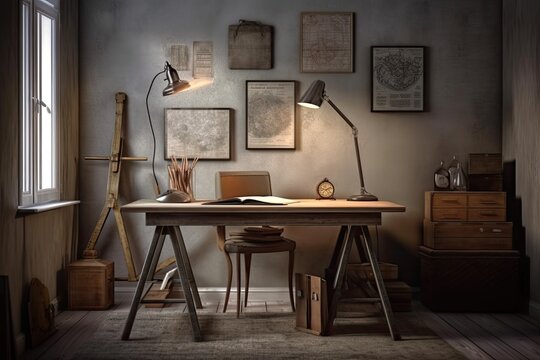 With a wooden desk, books, a laptop, romantic plant illustrations, a table lamp, and office supplies, this vintage, artistic home office is furnished. Generative AI