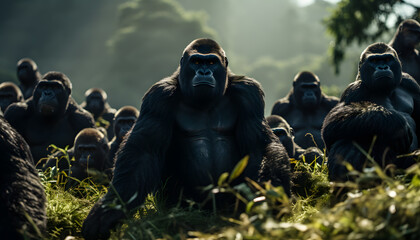 gorilla colony in the wild forest - obrazy, fototapety, plakaty