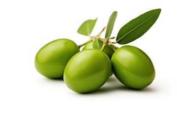 Obraz premium Green olives with leaves on white background. AI generated
