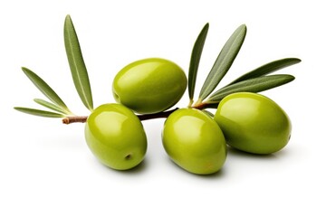 Green olives with leaves on white background. AI generated
