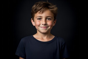 Lifestyle portrait photography of a tender kid male wearing a casual t-shirt against a navy blue background. With generative AI technology