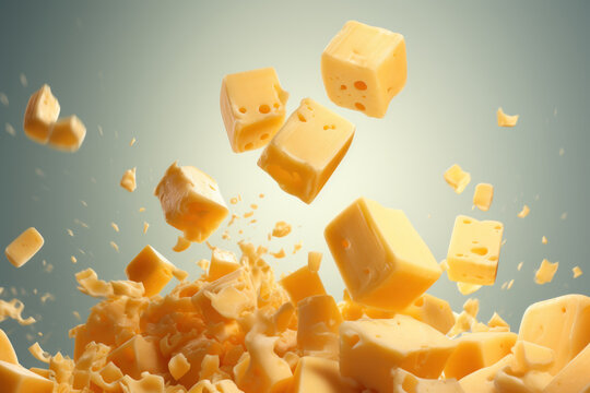Delicious cubical cheese in breakfast, floating in the air. AI generated