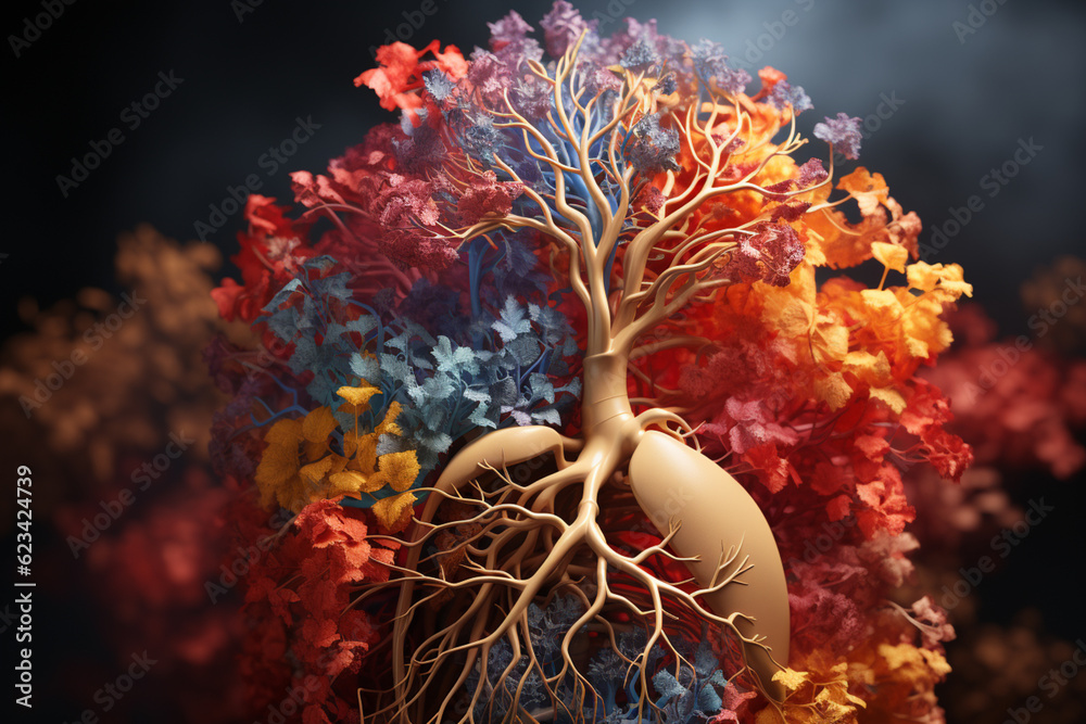 Poster a medical illustration showing the bronchial tree superimposed on the human torso, providing a visua