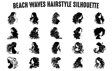 Fototapeta na wymiar Beach waves Silhouettes Vector set, Girl's hairstyles Silhouettes, women's hair silhouette collection, Hair black silhouettes illustration