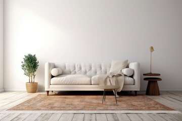 White wall is blank, and the carpet and sofa are on a wooden floor. an interior living room illustration. Generative AI