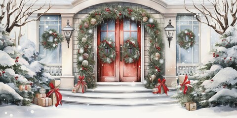 Fototapeta na wymiar AI Generated. AI Generative. Xmas merry christmas new year decoration decor background of house home front door porch with garland and holiday decor. Winter family celebration vibe. Graphic Art